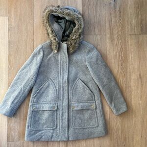 J. Crew Gray Wool Coat with Faux Fur Hood size 6 Petite